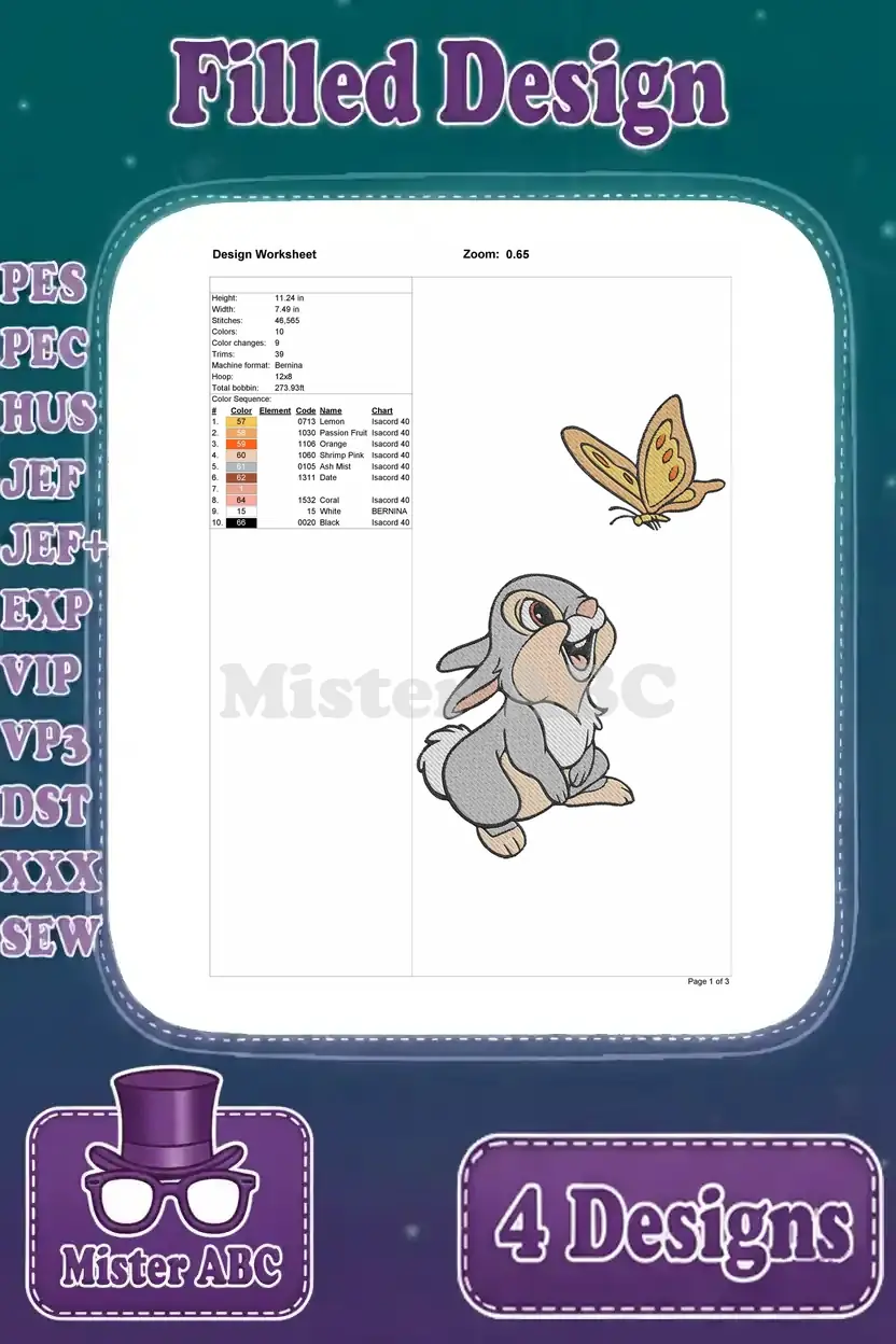 Design worksheet for the fourth Thumper embroidery, showing him sitting with a butterfly, complete with stitch data.