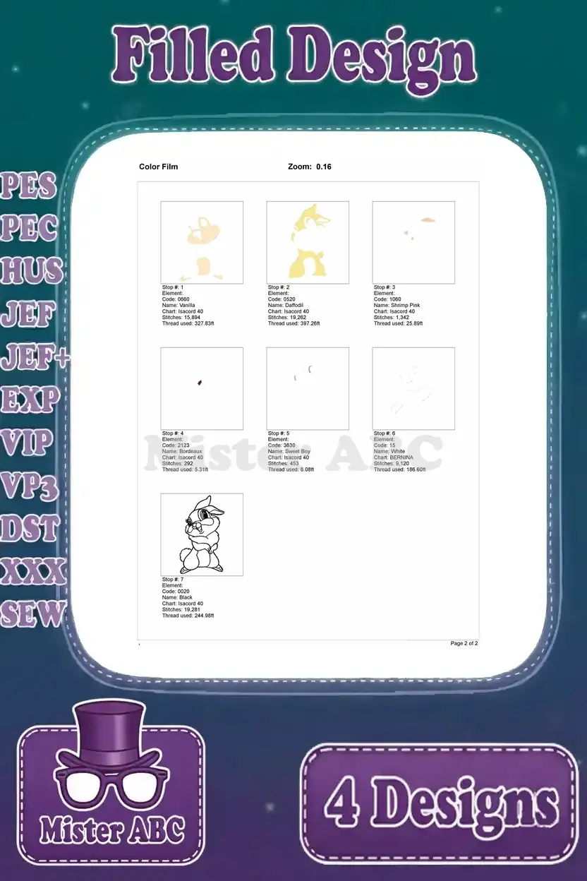 Color film for the standing Miss Bunny looking up embroidery, illustrating the exact sequence of thread colors.