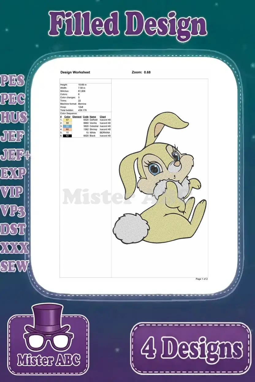 Design worksheet for the fourth Thumper embroidery design, detailing stitch counts, color changes, and dimensions.