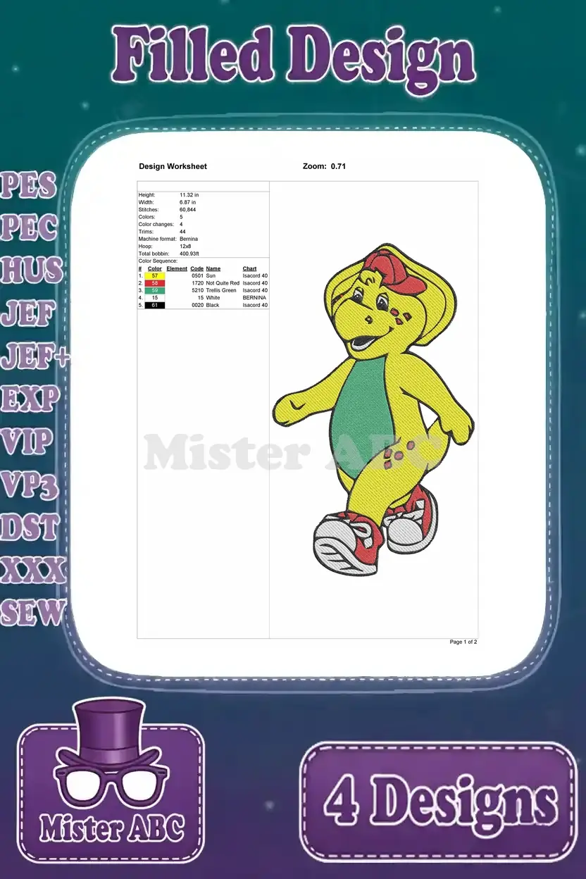 Design worksheet for the solo BJ (yellow dinosaur) filled embroidery, detailing dimensions, stitch count, and color sequence.
