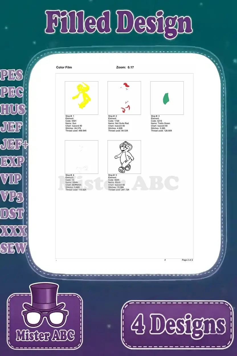 Color film breakdown for the solo BJ (yellow dinosaur) filled embroidery design, illustrating each thread color layer.