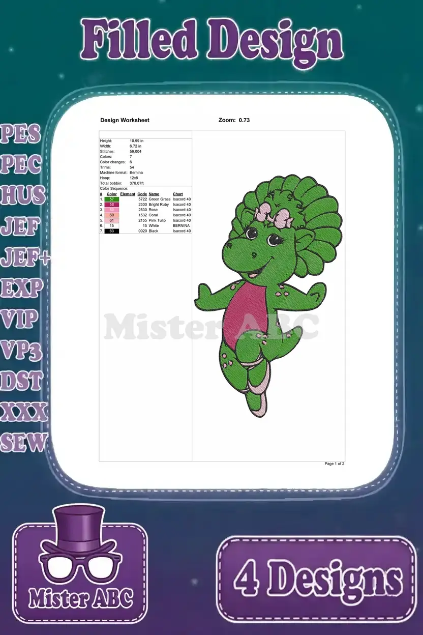 Design worksheet for the solo Baby Bop (green dinosaur) filled embroidery, detailing dimensions, stitch count, and color sequence.