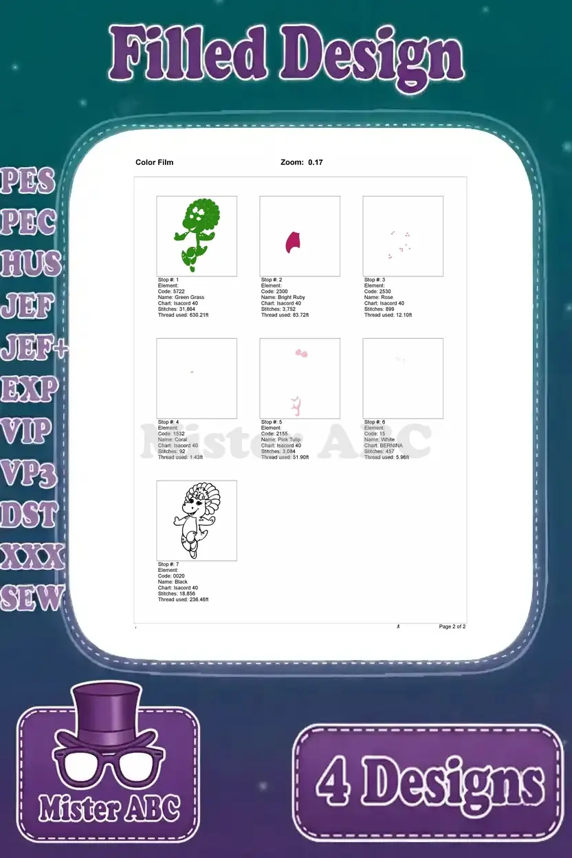 Color film breakdown for the solo Baby Bop (green dinosaur) filled embroidery design, illustrating each thread color layer.