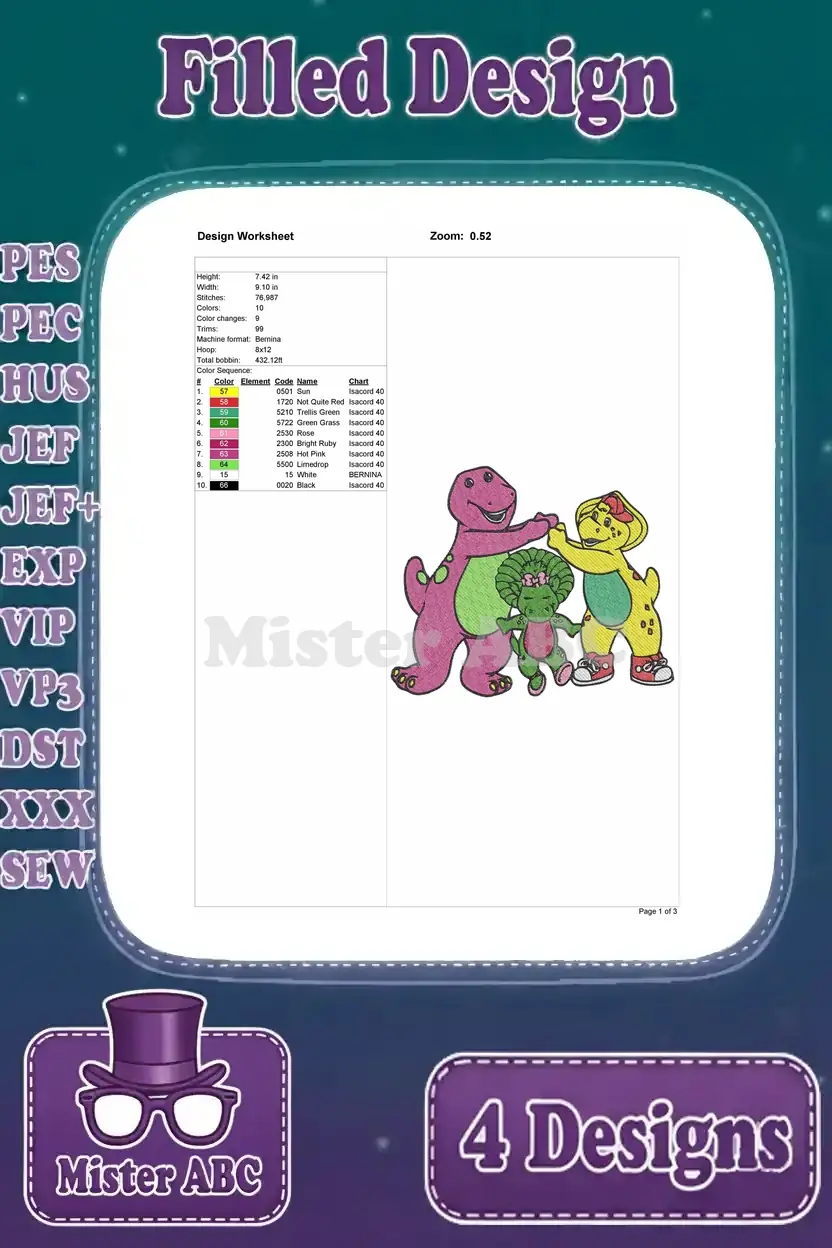 Design worksheet for the Barney, Baby Bop, and BJ group filled embroidery, detailing dimensions, stitch count, and color sequence.
