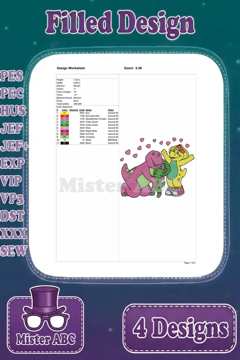 Design worksheet for Barney, Baby Bop, and BJ with hearts filled embroidery, detailing dimensions, stitch count, and colors.