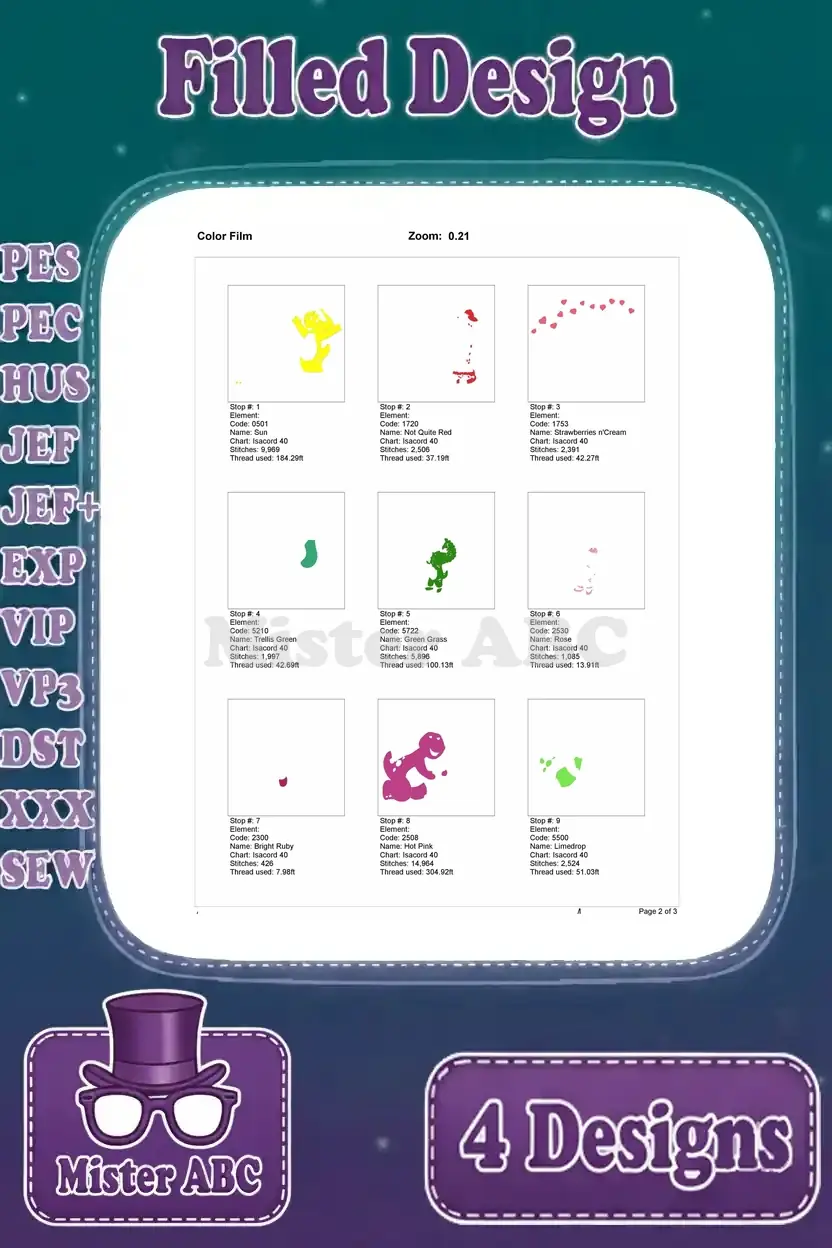 Color film breakdown (page 2 of 3) for Barney, Baby Bop, and BJ with hearts filled embroidery, showing initial color layers.