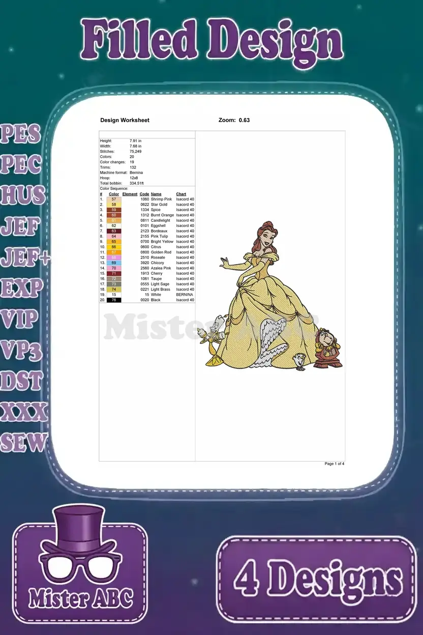 A detailed design worksheet for the 'Belle in Yellow Gown' embroidery, showing stitch count and color sequence.