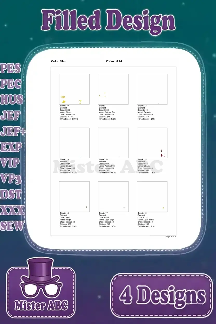 Color film breakdown for the first Belle embroidery design, illustrating intermediate color stops and stitching order.