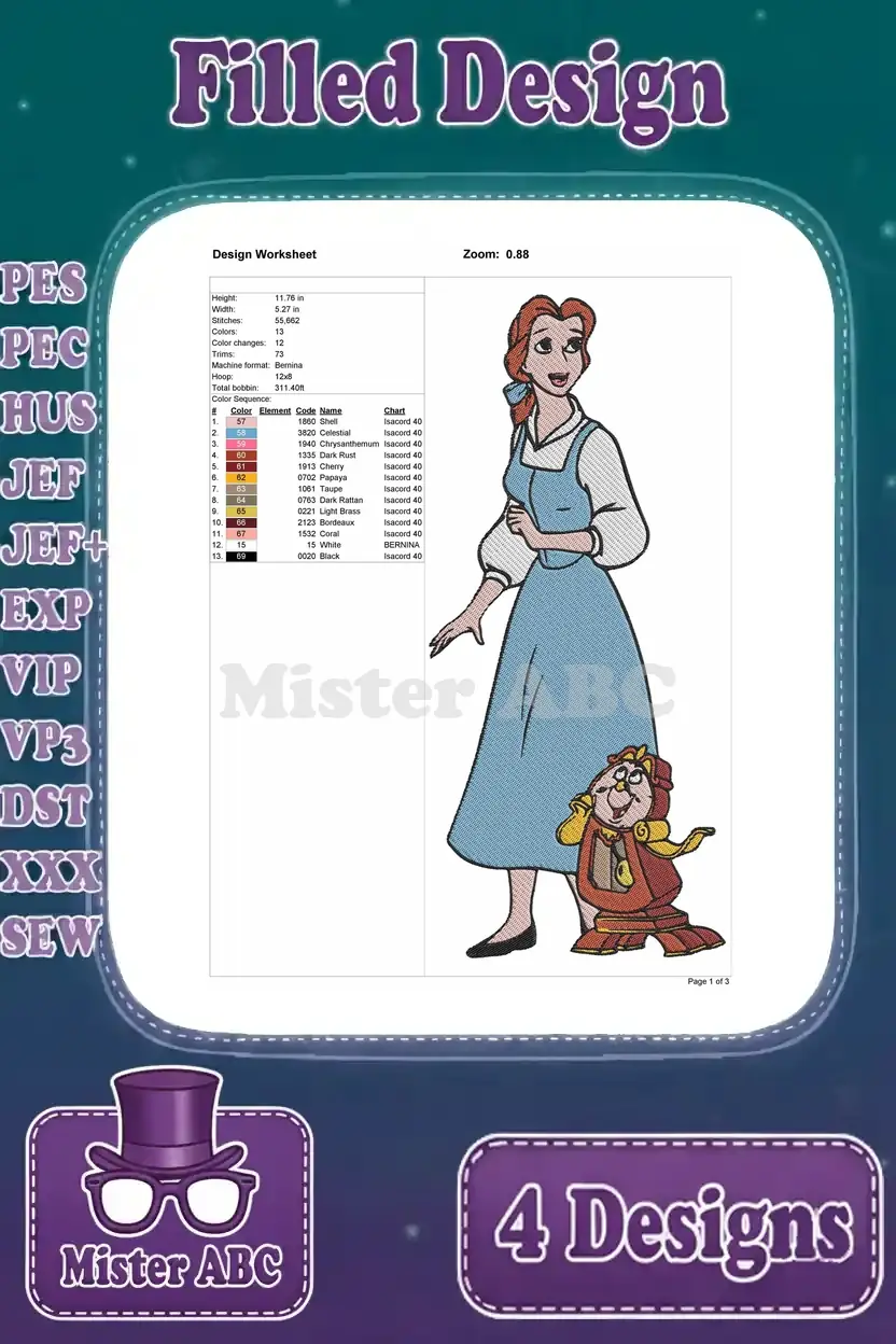 A detailed design worksheet for the 'Belle in Blue Dress' embroidery, indicating stitches, colors, and hoop size.