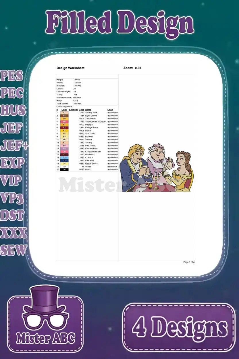 Design worksheet for the 'Belle, Beast, and Friends Tea Time' embroidery, detailing technical stitch information.