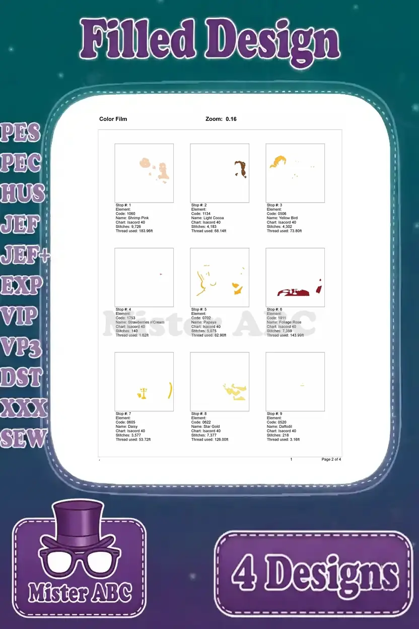 Color film breakdown for the 'Belle, Beast, and Friends Tea Time' embroidery, showing initial color applications.