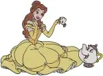 Disney Beauty Beast Belle Yellow Gown With Chip Tea Cup Princess Poses Set - Filled Embroidery Design - 916