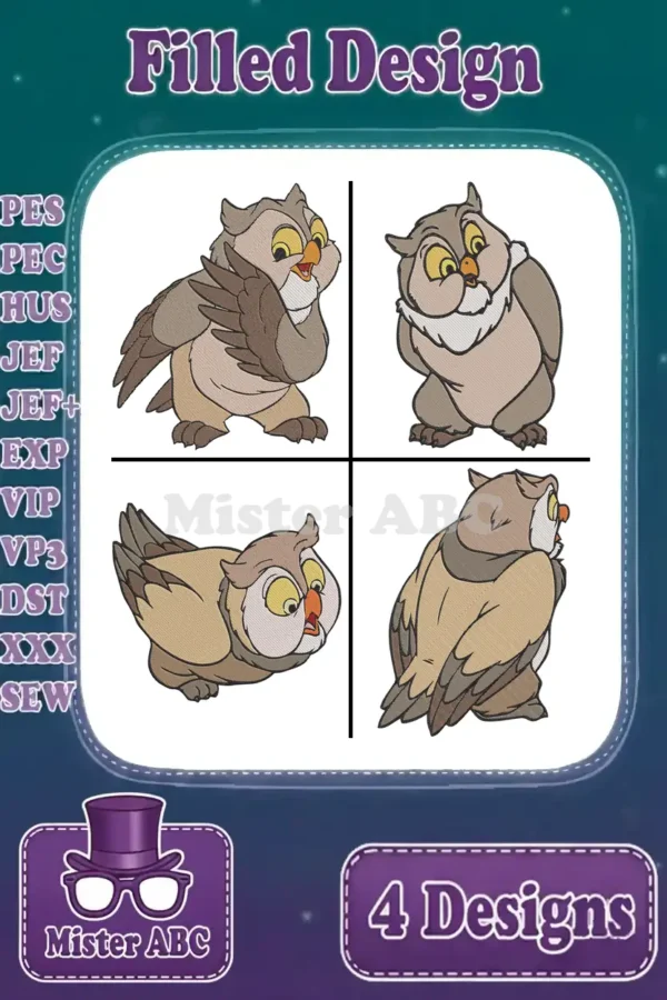 A vibrant display of four filled embroidery designs featuring Archimedes the owl in various charming poses.