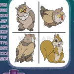 Bambi Friend Owl And Curious Squirrel Woodland Creatures Character Portraits - Filled Embroidery Design - Instant Download