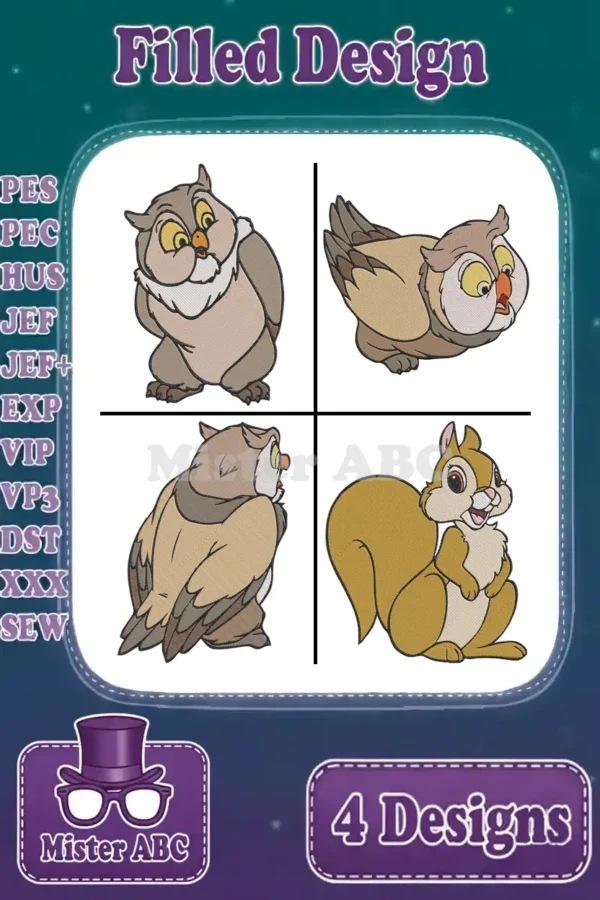 Main product image showing four distinct filled embroidery designs: three poses of Archimedes the owl and one of a cheerful squirrel, ready for machine embroidery.