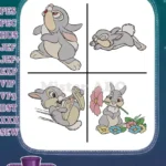 Bambi Thumper The Rabbit Running Thumping And With Spring Flower Cute Poses - Filled Embroidery Design - Instant Download