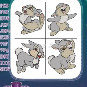 Four adorable Thumper filled embroidery designs bundle, showcasing various playful poses ready for your next project.