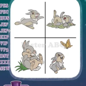 Four adorable filled embroidery designs of Thumper from Disney's Bambi, showcasing various playful poses.