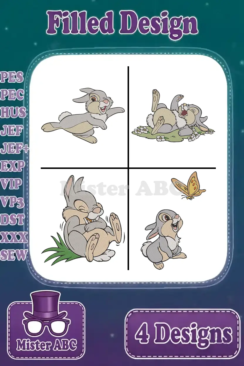 Four adorable filled embroidery designs of Thumper from Disney's Bambi, showcasing various playful poses.