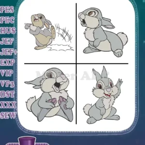 Four adorable filled embroidery designs featuring Thumper from Disney's Bambi in various playful poses.