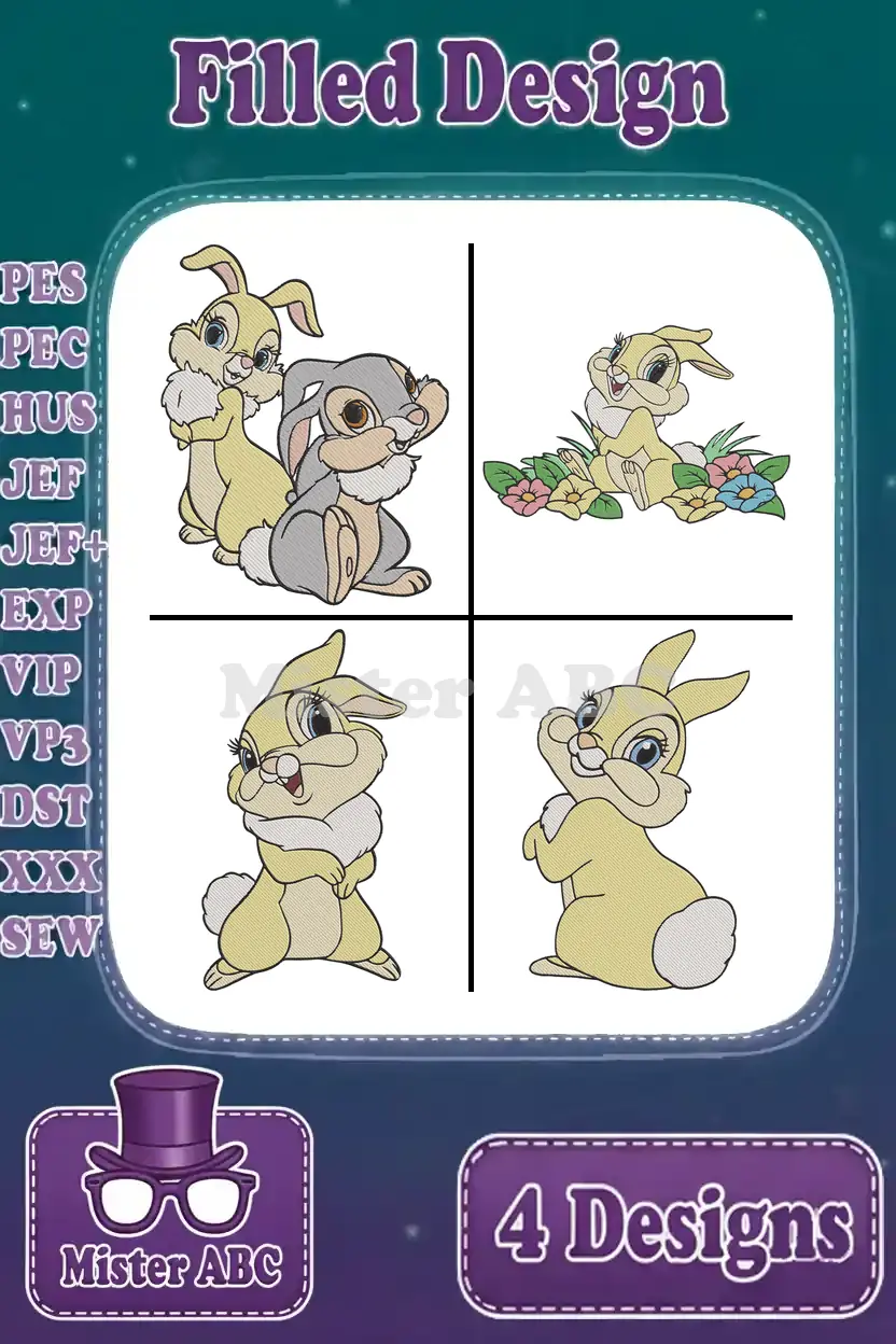 A vibrant main image displaying four distinct filled embroidery designs of Thumper and Miss Bunny in various adorable poses.