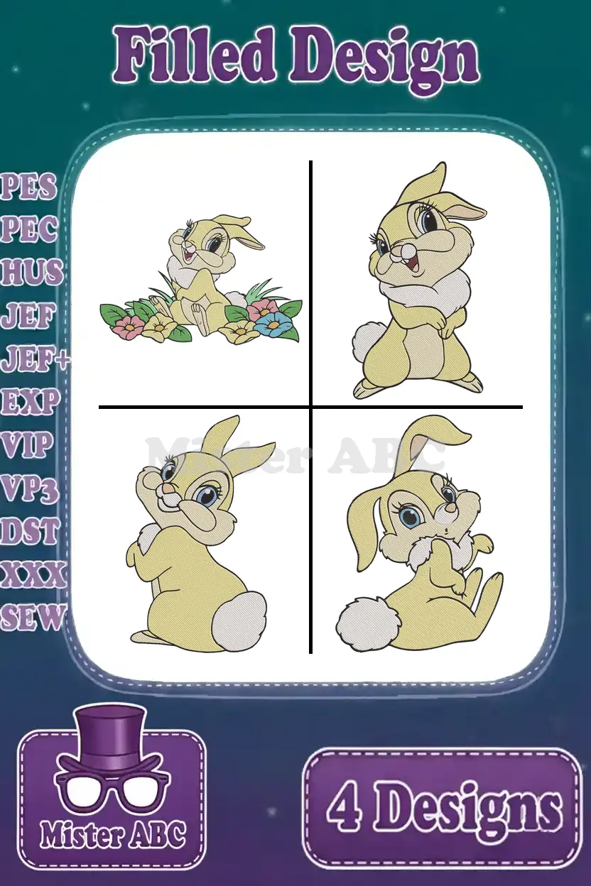 A vibrant display of four unique Thumper filled embroidery designs, showcasing various playful poses and expressions.