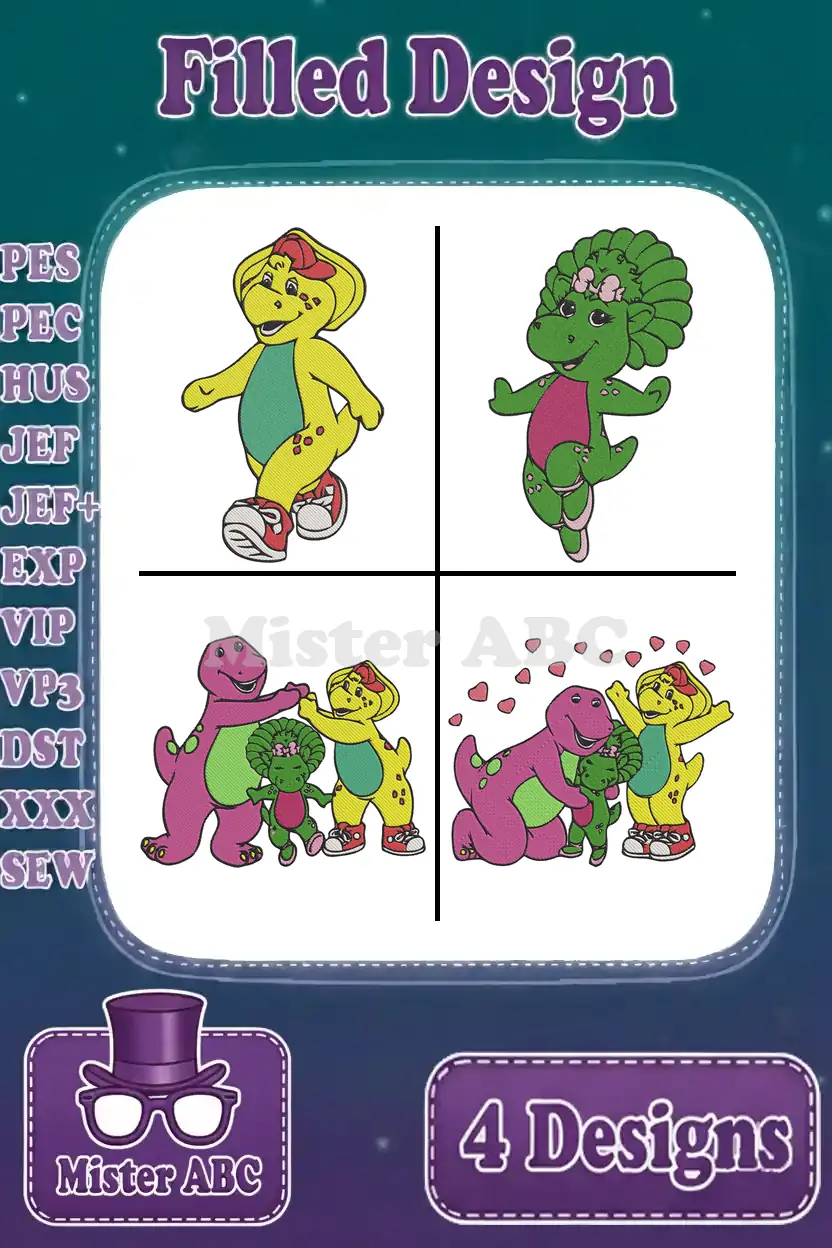 Collection of four vibrant Barney & Friends filled embroidery designs: Barney, BJ, and Baby Bop. Supported formats listed.