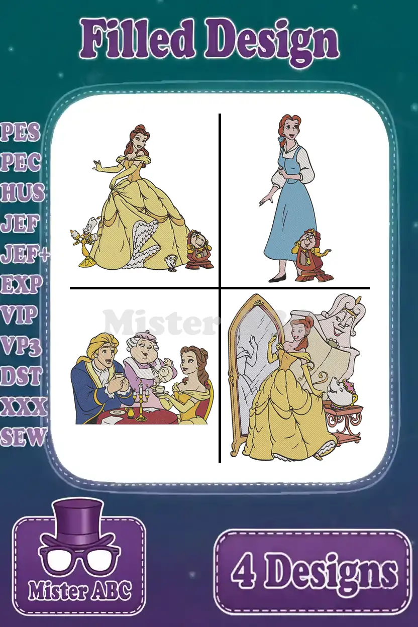 A collage of four vibrant Belle embroidery designs from Beauty and the Beast, showcasing various scenes and characters.