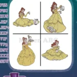 Disney Beauty Beast Belle Yellow Gown With Chip Tea Cup Princess Poses Set - Filled Embroidery Design - Instant Download