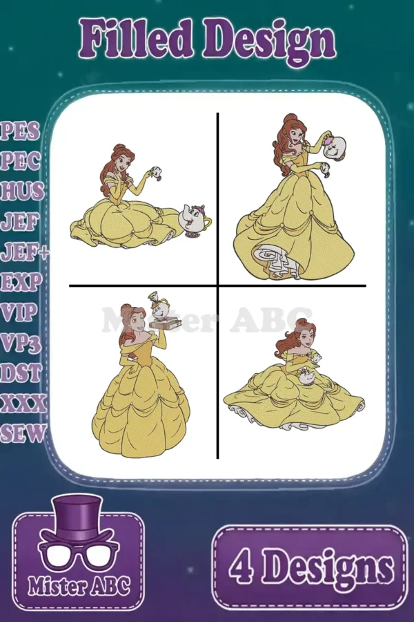 Four filled Belle embroidery designs with Mrs. Potts and Chip, showcasing various poses, perfect for Disney fans.