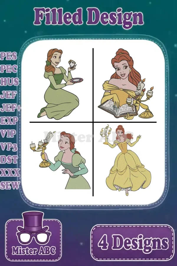 A vibrant collage showcasing four distinct filled embroidery designs of Belle from Beauty and the Beast in various poses.