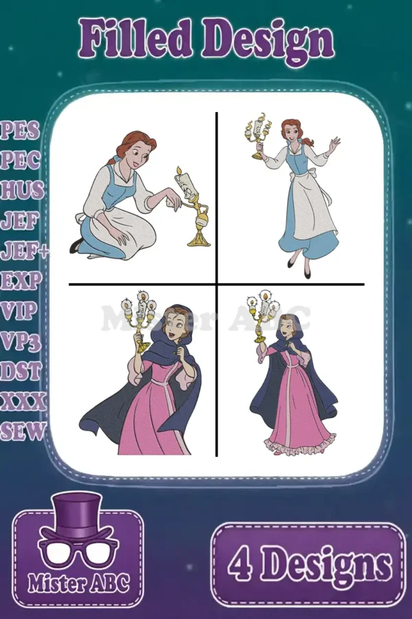 A vibrant embroidery bundle featuring four filled designs of Disney's Belle in various iconic poses, holding a candelabra.