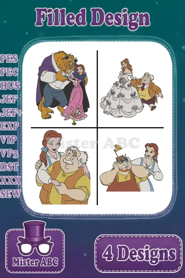 A main product image displaying four distinct Beauty and the Beast filled embroidery designs in a square grid.