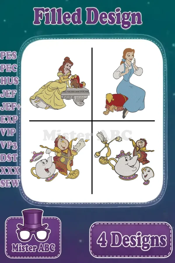 A vibrant display of four filled embroidery designs featuring Belle, Mrs. Potts, Chip, and Lumiere from Beauty and the Beast.