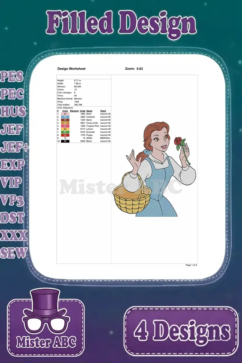 Detailed design worksheet for the Belle with basket embroidery, showing stitch count, colors, and dimensions.