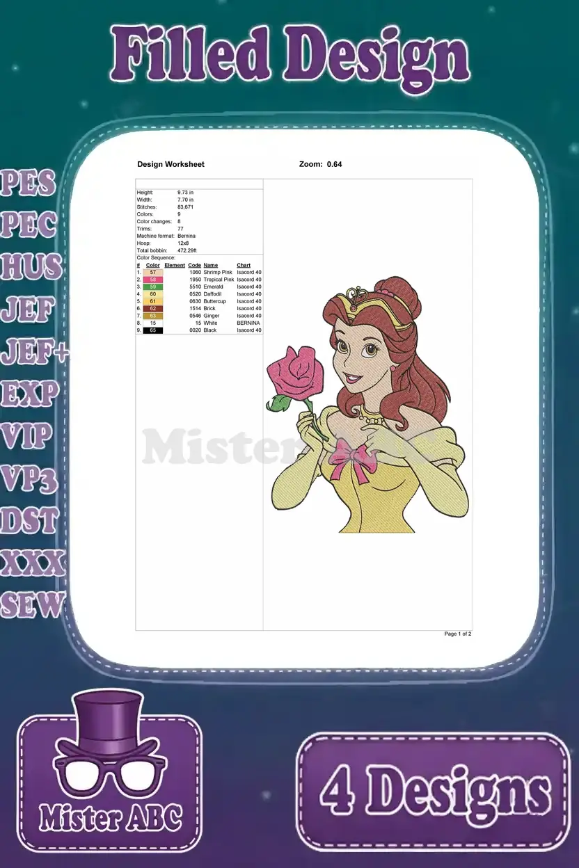 Comprehensive design worksheet for Belle holding a rose in her yellow gown, detailing stitch and color info.
