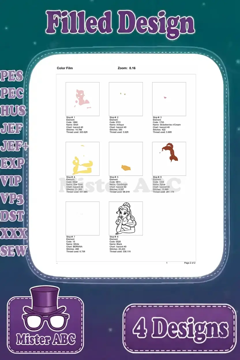Color film breakdown for the first Belle embroidery design, illustrating the stitching order by color.