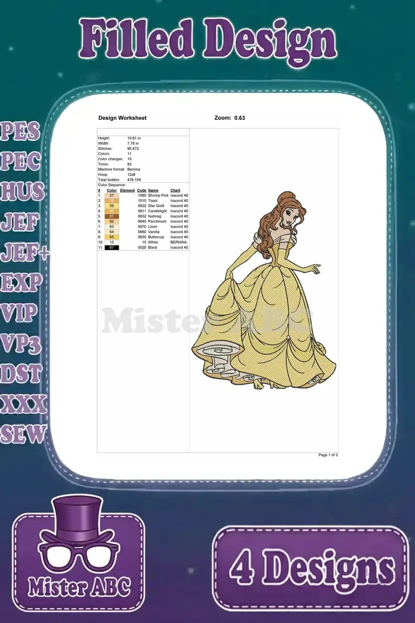 Detailed design worksheet for the second Belle full-body embroidery, showing stitch count, size, and colors.