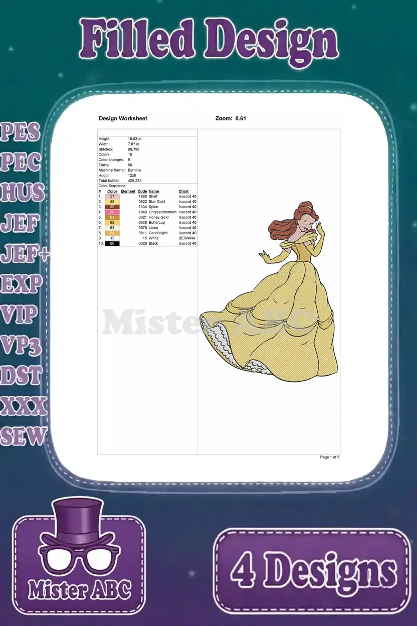 Design worksheet for the third Belle full-body embroidery, with stitch count, size, and thread color information.