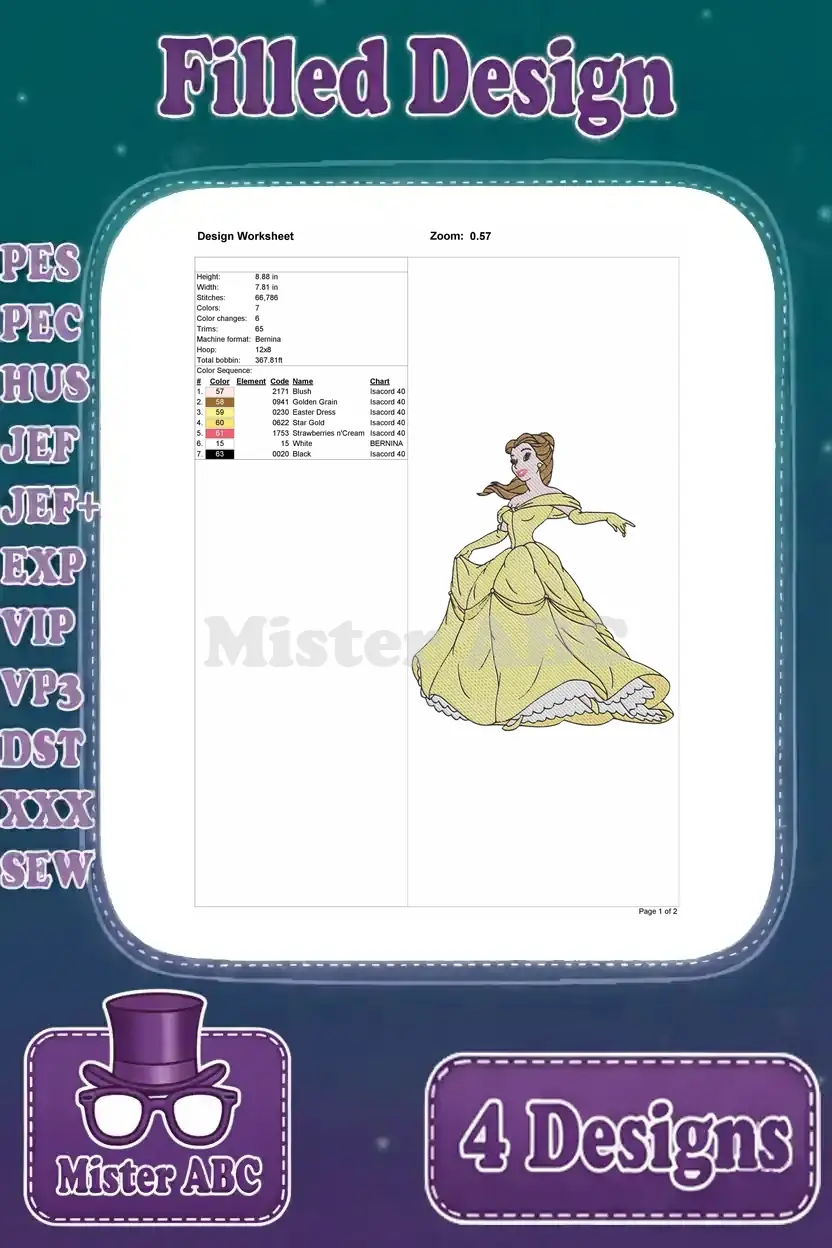 Design worksheet for the fourth Belle full-body embroidery, detailing stitch count, dimensions, and colors.
