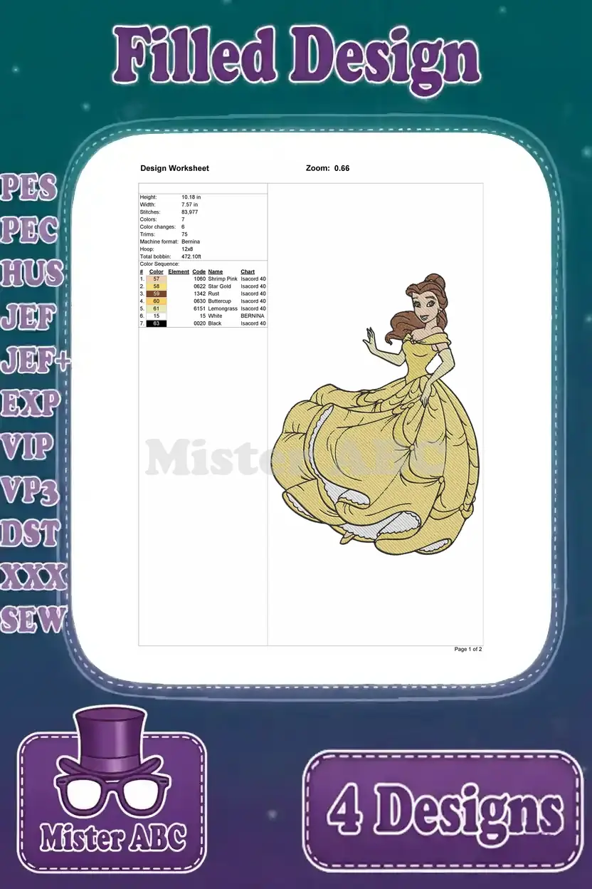 Detailed design worksheet for the first Belle filled embroidery design, showing stitch count, dimensions, and color chart.