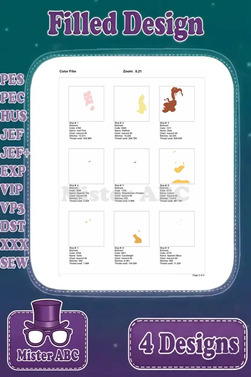 First page of the color film for Belle's third filled embroidery design, detailing initial color stops and threads.