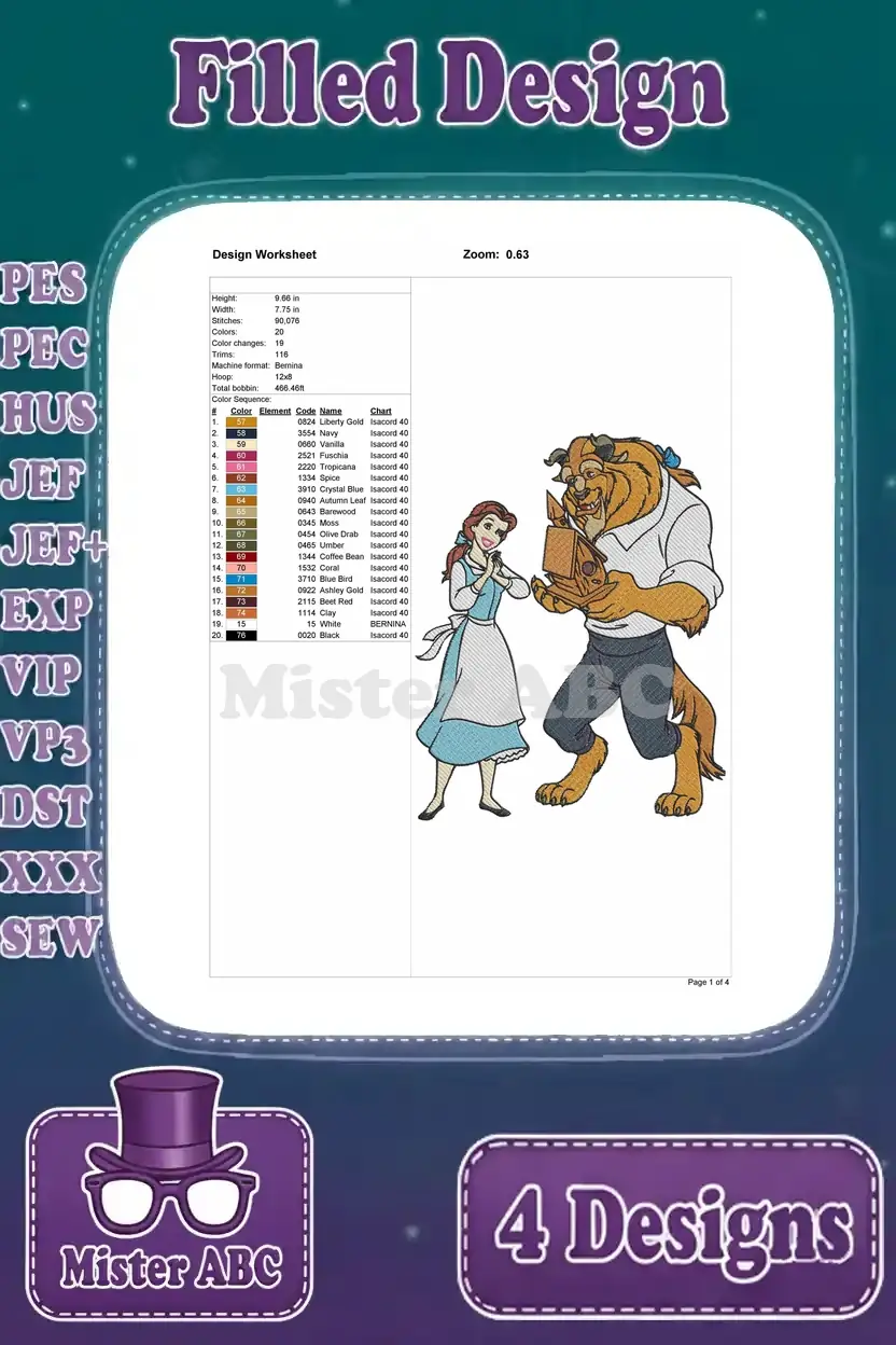 Detailed design worksheet for the first Belle and Beast embroidery, showing thread colors, stitch count, and dimensions.