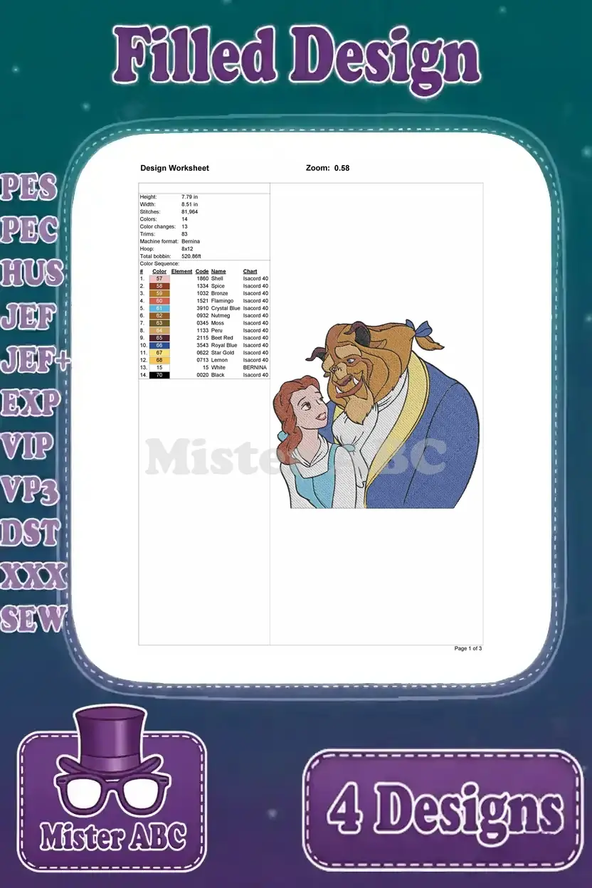 Design worksheet for the second Belle and Beast embroidery, detailing thread choices, stitch count, and dimensions.
