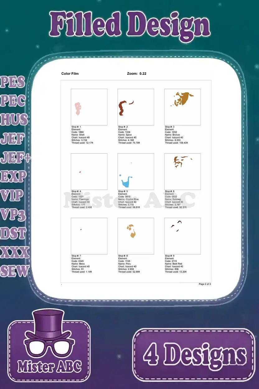 Color film for the second Belle and Beast embroidery design, illustrating the precise stitching order for each color.