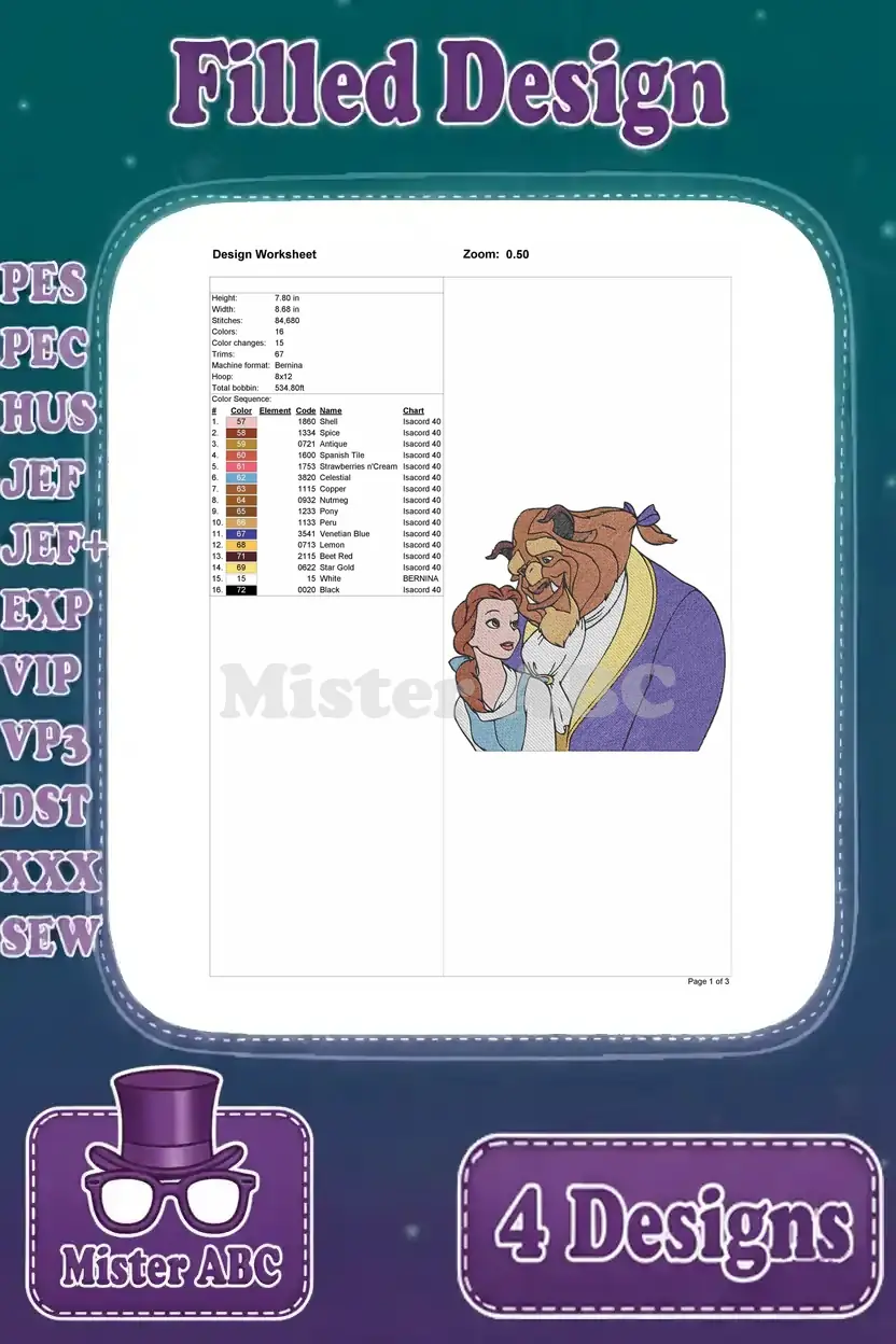 Design worksheet for the third Belle and Beast embroidery, providing thread colors, stitch count, and dimensions.