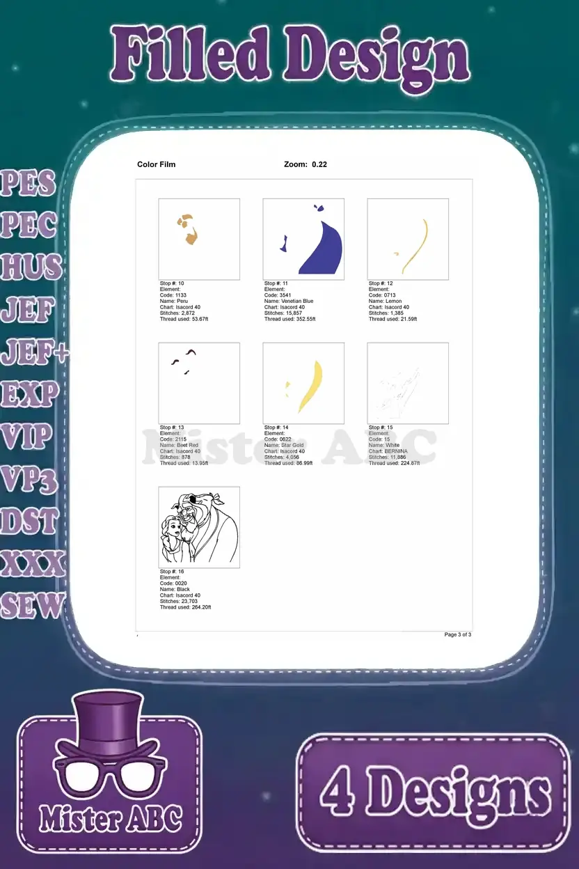 Second page of the color film for the third Belle and Beast filled embroidery design, showing remaining color stops.