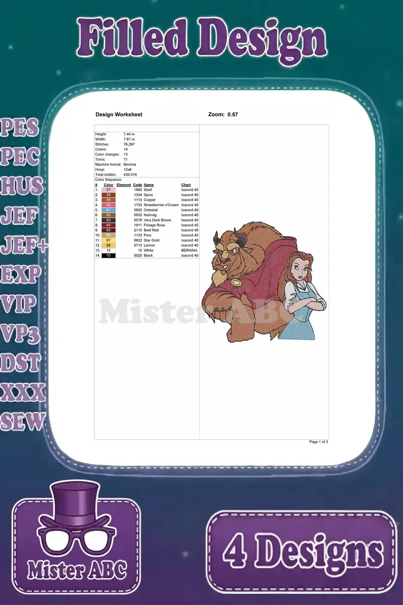 Design worksheet for the fourth Belle and Beast embroidery, outlining thread colors, stitch count, and dimensions.