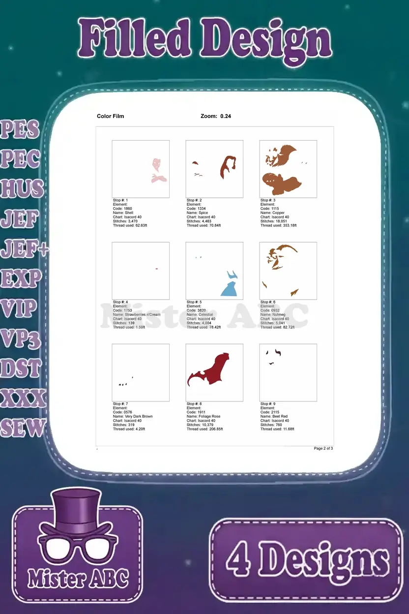 Color film for the fourth Belle and Beast embroidery design, illustrating the exact stitching order for each color.