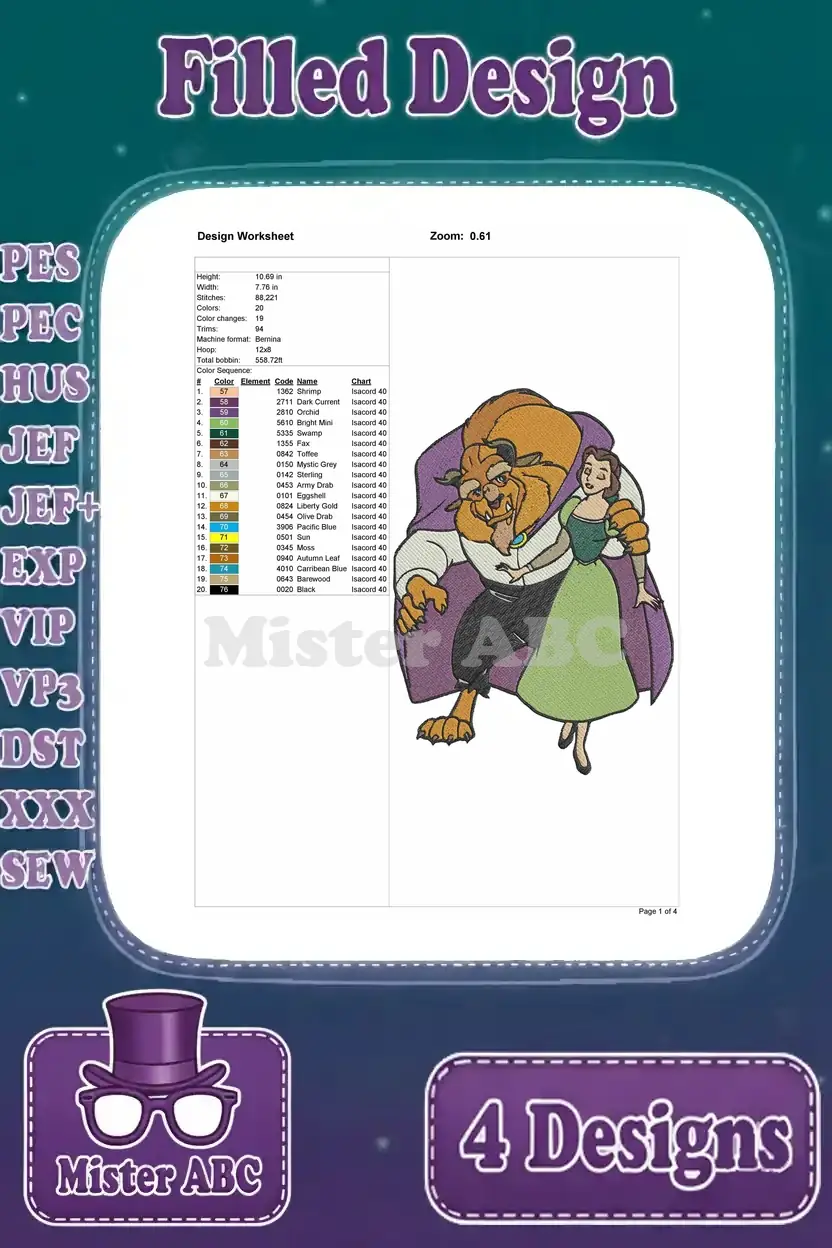 Detailed design worksheet for the first Beauty and the Beast embroidery pattern, showing stitch count, size, and color chart.